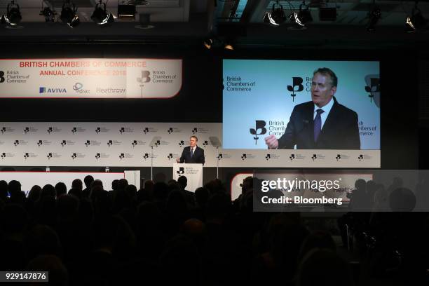 Liam Fox, U.K. International trade secretary, speaks at the British Chambers Of Commerce annual conference in London, U.K., on Thursday, March 8,...