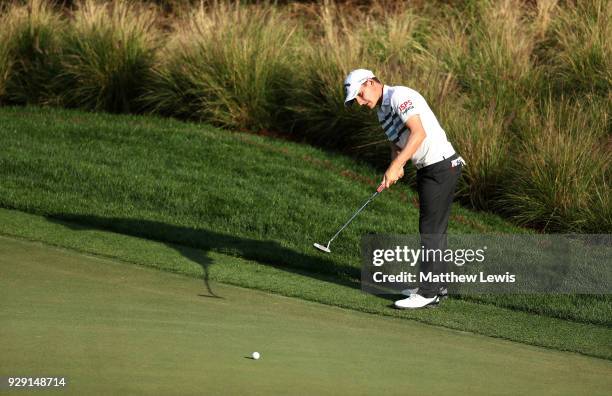 Emiliano Grillo of Argentina putts on the 15th green during day one of the Hero Indian Open at Dlf Golf and Country Club on March 8, 2018 in New...