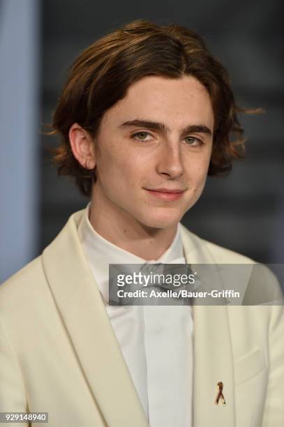 Actor Timothee Chalamet attends the 2018 Vanity Fair Oscar Party hosted by Radhika Jones at Wallis Annenberg Center for the Performing Arts on March...