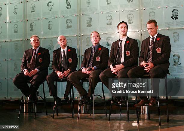 Brett Hull, Lou Lamoriello, Brian Leetch, Luc Robitaille, and Steve Yzerman speak with the media at the Hockey Hall of Fame Induction Photo...
