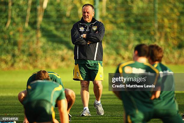 Tim Sheens, Coach of the VB Kangaroos Australian Rugby League Team looks on during a Training Session at Leeds Rugby Academy on November 9, 2009 in...