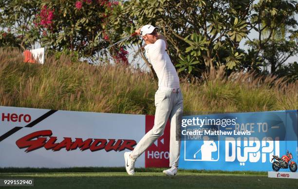 Chris Wood of England tees off on the 16th hole during day one of the Hero Indian Open at Dlf Golf and Country Club on March 8, 2018 in New Delhi,...