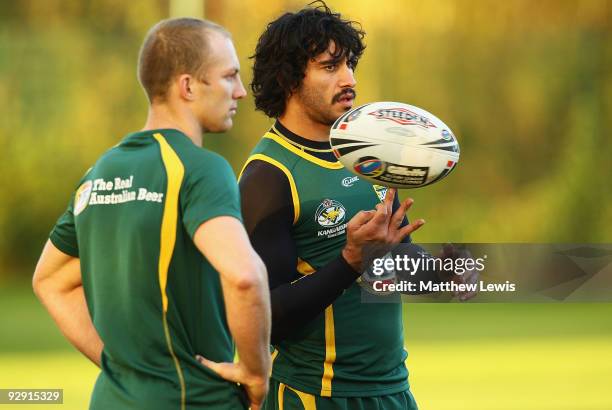 Darren Lockyer and Johnathan Thurston of the VB Kangaroos Australian Rugby League Team in action during a Training Session at Leeds Rugby Academy on...