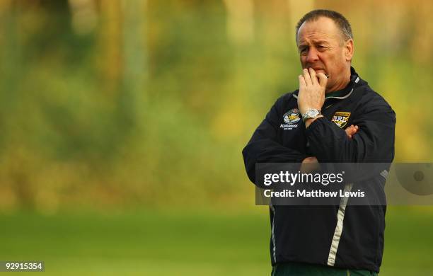 Tim Sheens, Coach of the VB Kangaroos Australian Rugby League Team looks on during a Training Session at Leeds Rugby Academy on November 9, 2009 in...