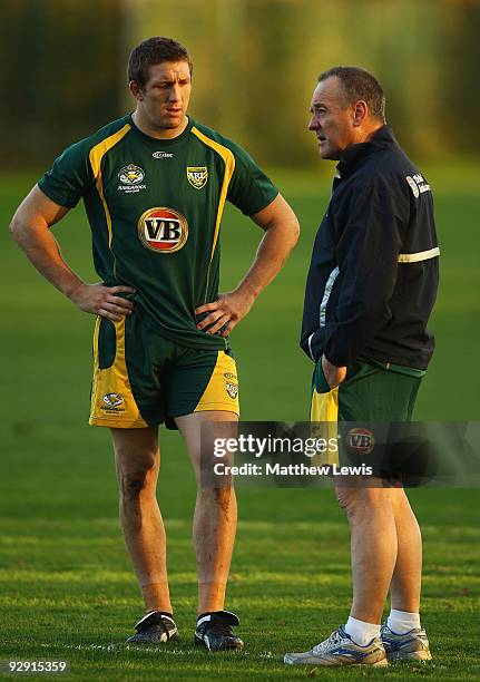 Tim Sheens, Coach of the VB Kangaroos Australian Rugby League Team talks to Ryan Hoffman during a Training Session at Leeds Rugby Academy on November...