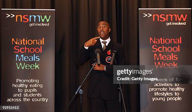 Colin Jackson OBE prepares to announce Britain's favourite school meal at Morpeth School during the Launch of National School Meal Week on November...