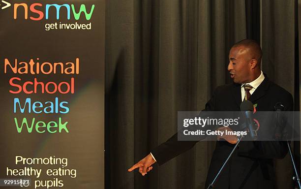 Colin Jackson OBE prepares to announce Britain's favourite school meal at Morpeth School during the Launch of National School Meal Week on November...