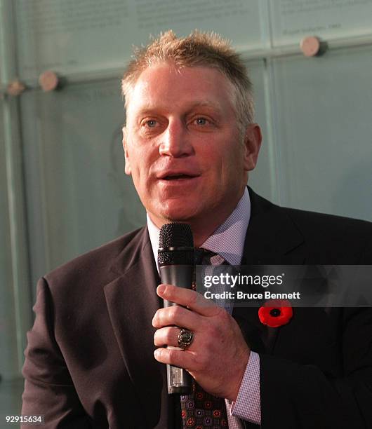 Brett Hull speaks with the media at the Hockey Hall of Fame Induction Photo Opportunity at the Hockey Hall of Fame on November 9, 2009 in Toronto,...