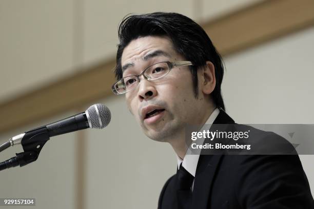 Yusuke Otsuka, chief operating officer of Coincheck Inc., speaks during a news conference in Tokyo, Japan, on Thursday, March 8, 2018. Coincheck said...