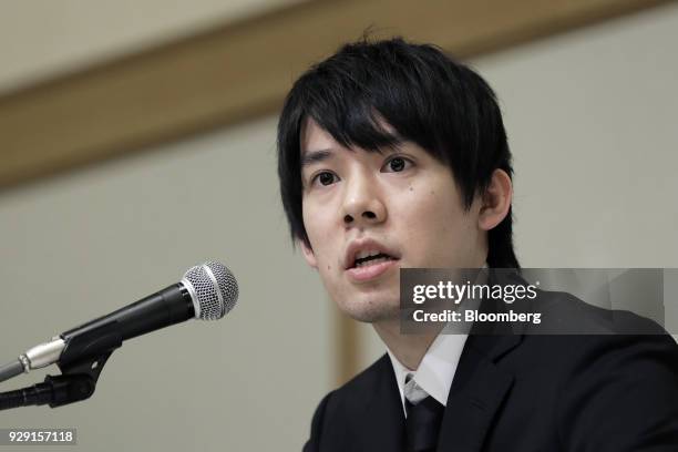 Koichiro Wada, president of Coincheck Inc., speaks during a news conference in Tokyo, Japan, on Thursday, March 8, 2018. Coincheck said it will start...