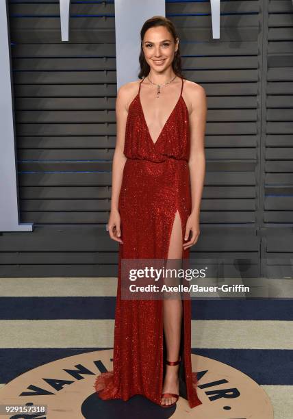 Actress Gal Gadot attends the 2018 Vanity Fair Oscar Party hosted by Radhika Jones at Wallis Annenberg Center for the Performing Arts on March 4,...