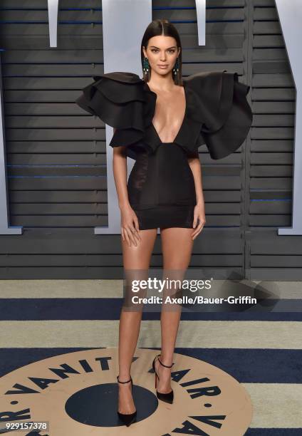 Model Kendall Jenner attends the 2018 Vanity Fair Oscar Party hosted by Radhika Jones at Wallis Annenberg Center for the Performing Arts on March 4,...