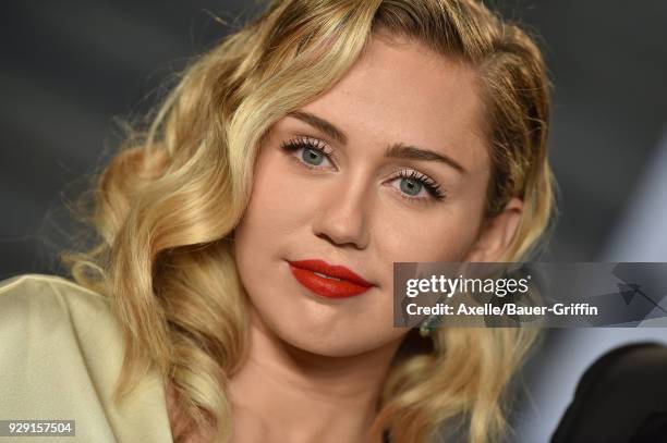 Singer Miley Cyrus attends the 2018 Vanity Fair Oscar Party hosted by Radhika Jones at Wallis Annenberg Center for the Performing Arts on March 4,...