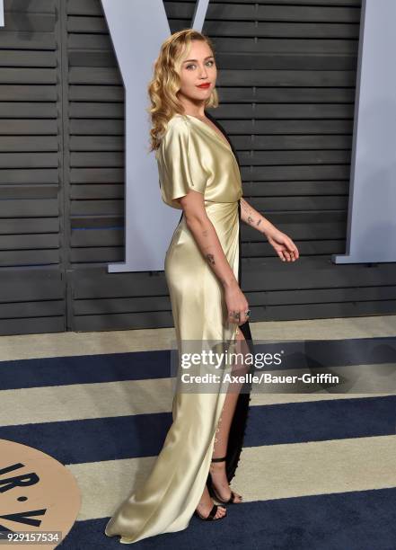 Singer Miley Cyrus attends the 2018 Vanity Fair Oscar Party hosted by Radhika Jones at Wallis Annenberg Center for the Performing Arts on March 4,...