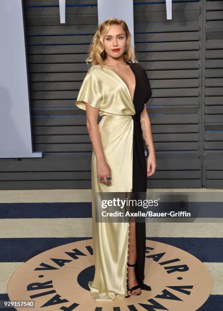 Singer Miley Cyrus attends the 2018 Vanity Fair Oscar Party hosted by Radhika Jones at Wallis Annenberg Center for the Performing Arts on March 4,...