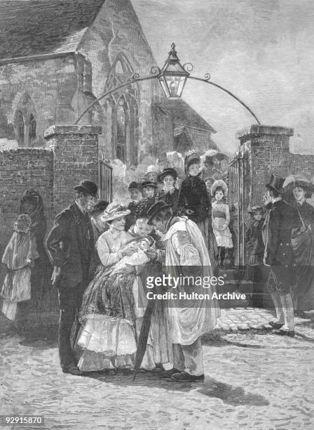 Christening Sunday in South Harting, 1887. From an original painting by James. Charles. Original Publication - Illustrated London News - pub. 8th...