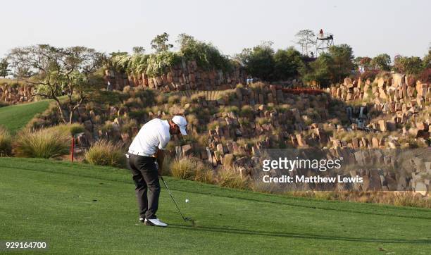 Emiliano Grillo of Argentina plays his second shot on the 17th hole during day one of the Hero Indian Open at Dlf Golf and Country Club on March 8,...