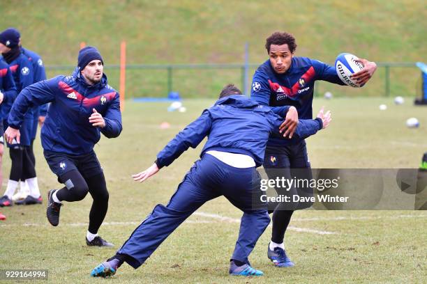 Benjamin Fall of France and Hugo Bonneval of France during the training session at the French rugby headquarters ahead of the Six Nations game...