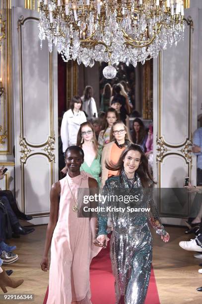 Models walk the runway during the Paul & Joe show as part of Paris Fashion Week Womenswear Fall/Winter 2018/2019 on March 6, 2018 in Paris, France.