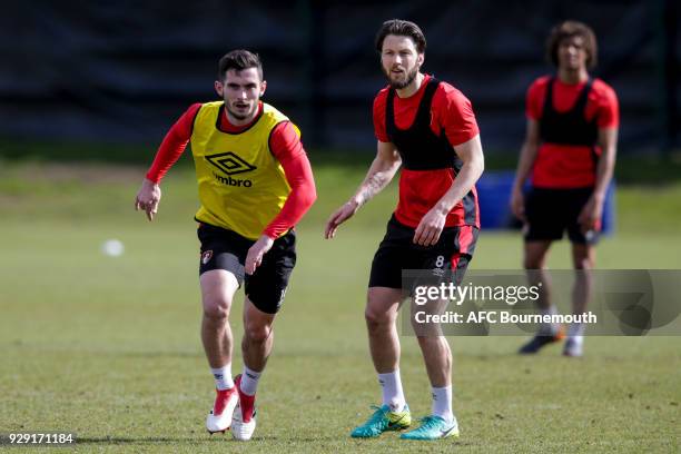 Lewis Cook and Harry Arter of Bournemouth look on during an AFC Bournemouth training session on March 7, 2018 in Bournemouth, England.