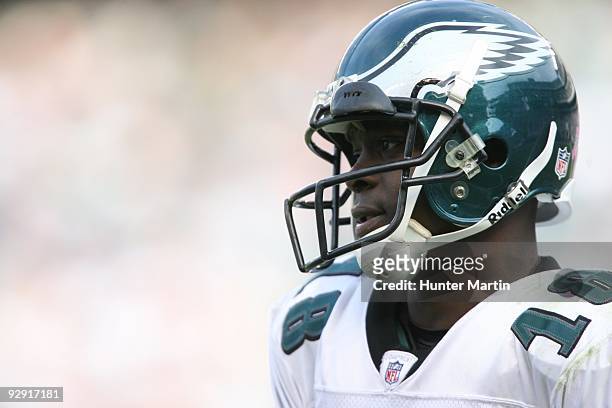 Wide receiver Jeremy Maclin of the Philadelphia Eagles stands on the sideline during a game against the Tampa Bay Buccaneers on October 11, 2009 at...