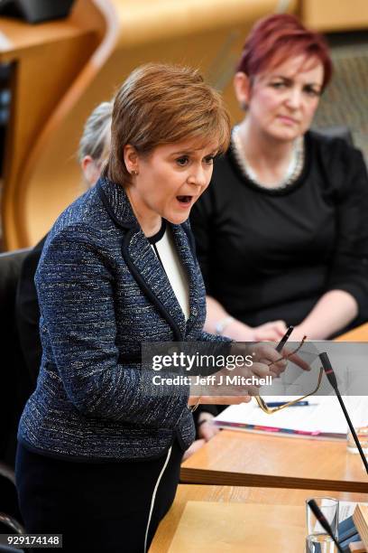 First Minister of Scotland Nicola Sturgeon answers questions during first minister's questions in the Scottish Parliament on March 8, 2018 in...