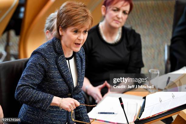 First Minister of Scotland Nicola Sturgeon answers questions during first minister's questions in the Scottish Parliament on March 8, 2018 in...