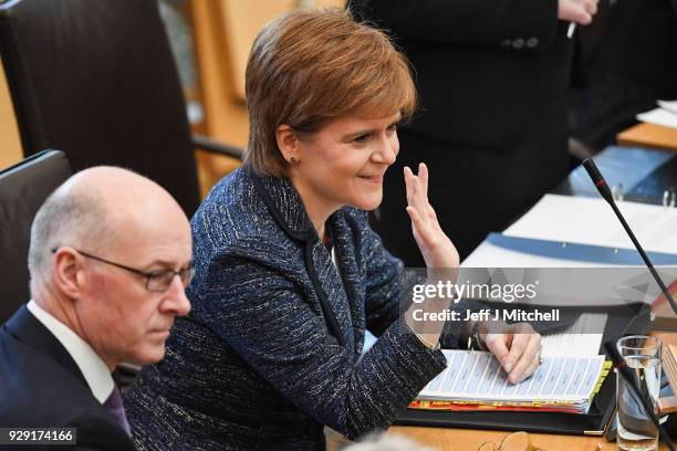 First Minister of Scotland Nicola Sturgeon answers questions during first minister's questions in the Scottish Parliament on March 8, 2018 in...