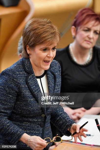 First Minister of Scotland Nicola Sturgeon answers questions during first minister's questions in the Scottish Parliament on March 8, 2018 in...