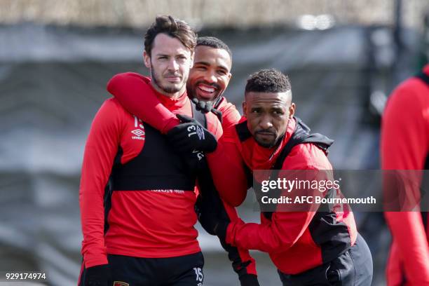 Adam Smith, Callum Wilson and Jermain Defoe of Bournemouth look on during an AFC Bournemouth training session on March 7, 2018 in Bournemouth,...