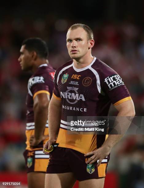 Matthew Lodge of the Broncos looks on during the round one NRL match between the St George Illawarra Dragons and the Brisbane Broncos at UOW Jubilee...