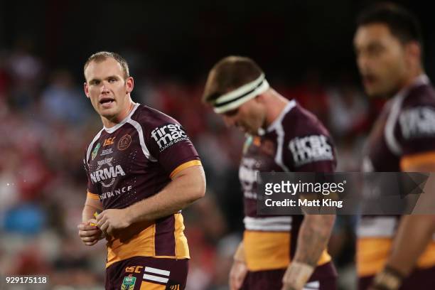 Matthew Lodge of the Broncos looks on during the round one NRL match between the St George Illawarra Dragons and the Brisbane Broncos at UOW Jubilee...