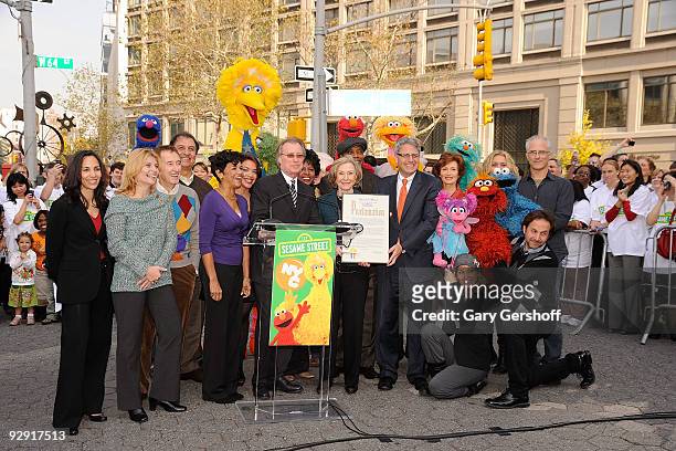 Sesame Street" cast members Alison Bartlett O'Reilly, Bob McGrath, Sonia Manzano, NYC & Company CEO George Fertitta, "Sesame Street" creator Joan...