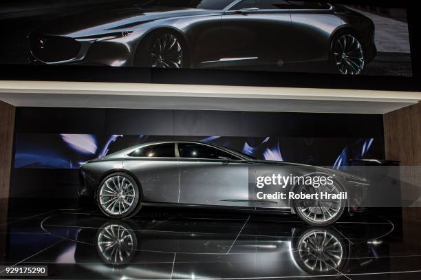 Mazda Vision Coupe is displayed at the 88th Geneva International Motor Show on March 7, 2018 in Geneva, Switzerland. Global automakers are converging...