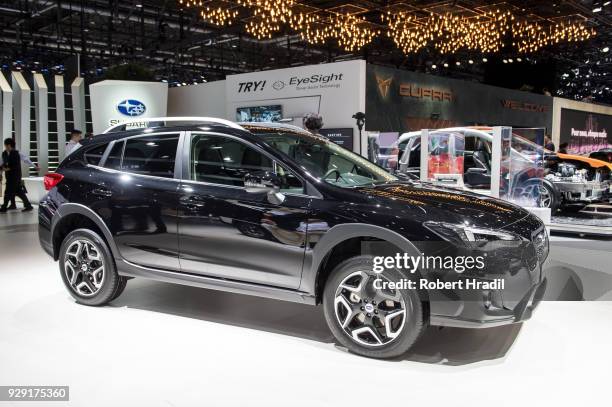 Subaru XV is displayed at the 88th Geneva International Motor Show on March 7, 2018 in Geneva, Switzerland. Global automakers are converging on the...