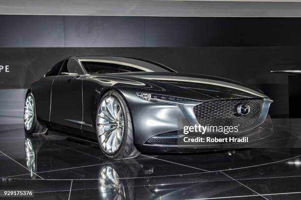 Mazda Vision Coupe is displayed at the 88th Geneva International Motor Show on March 7, 2018 in Geneva, Switzerland. Global automakers are converging...