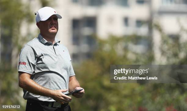 Graeme Storm of England looks on during day one of the Hero Indian Open at Dlf Golf and Country Club on March 8, 2018 in New Delhi, India.