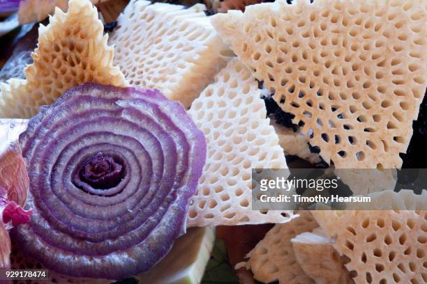 close-up of cross section of a purple onion surrounded by triangular slices of breadfruit - timothy hearsum stock-fotos und bilder