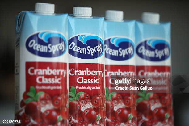 In this photo illustration cartons of American brand Ocean Spray cranberry juice stand arranged on March 8, 2018 in Berlin, Germany. U.S. President...