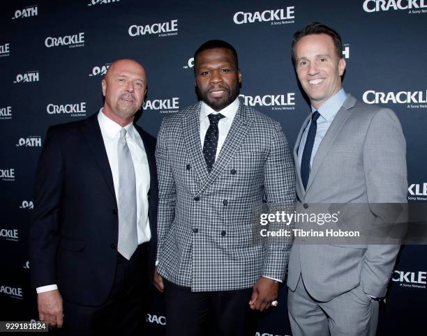 Joe Halpin, 50 Cent and Eric Berger attend the premiere of Crackle's 'The Oath' at Sony Pictures Studios on March 7, 2018 in Culver City, California.