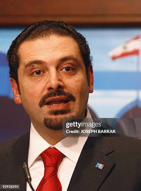 Lebanon's new Prime Minister Saad Hariri speaks during a press conference at the presidential palace in Baabda, east of Beirut, on November 9, 2009....