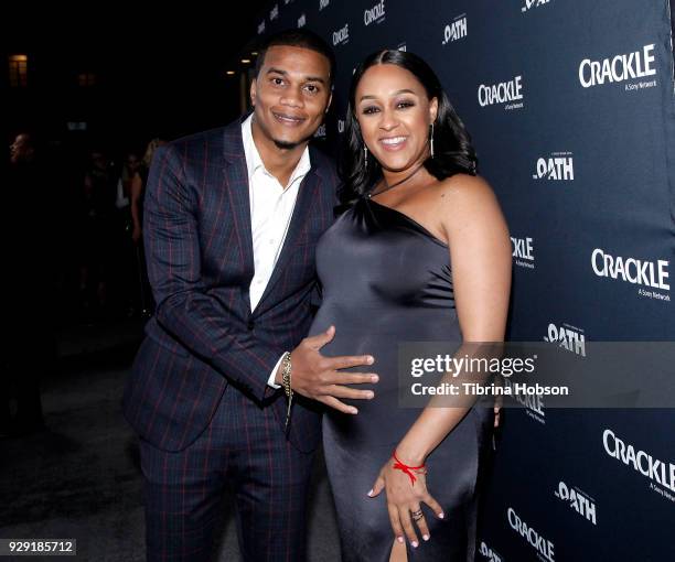 Cory Hardrict and Tia Mowry-Hardrict attend the premiere of Crackle's 'The Oath' at Sony Pictures Studios on March 7, 2018 in Culver City, California.