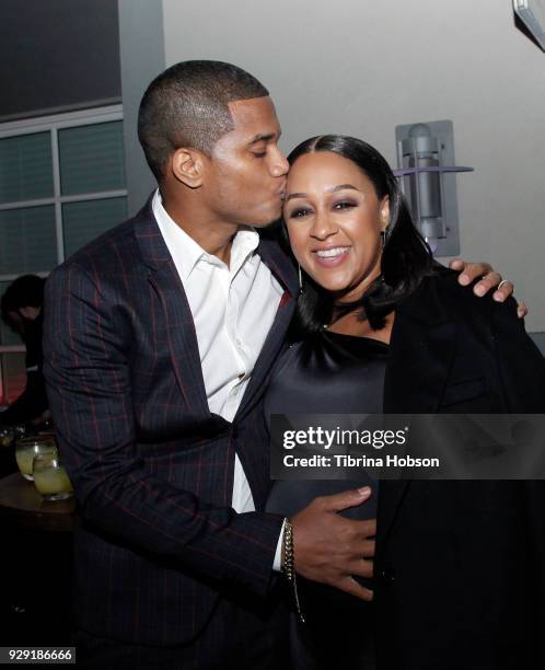 Cory Hardrict and Tia Mowry-Hardrict attend the premiere of Crackle's 'The Oath' after party at Sony Pictures Studios on March 7, 2018 in Culver...