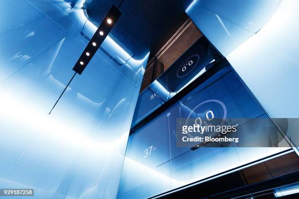 Digital dipslay shows the depth and speed of an elevator at the Kone Oyj High Rise Laboratory in Tytyri, Finland, on Tuesday, March 6, 2018. Kone,...