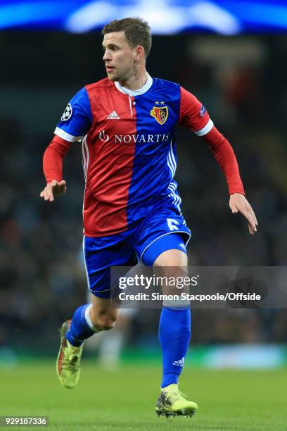 Fabian Frei of Basel in action during the UEFA Champions League Round of 16 Second Leg match between Manchester City and FC Basel at the Etihad...