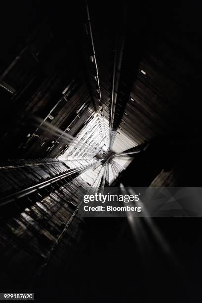 Meter-deep elevator test shaft sits in the Kone Oyj High Rise Laboratory in Tytyri, Finland, on Tuesday, March 6, 2018. Kone, which manages a global...