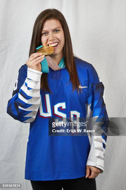 Winter Olympics: Portrait of USA Sidney Morin biting gold medal during photo shoot in the Olympic Village. Gangneung, South Korea 2/24/2018 CREDIT:...