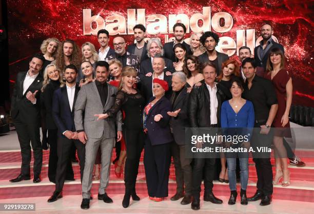 Presenter Milly Carlucci poses with members of the cast at the photocall for 'Ballando Con Le Stelle' at RAI Auditorium on March 8, 2018 in Rome,...