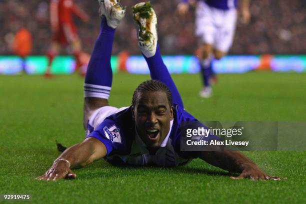 Cameron Jerome of Birmingham City celebrates scoring his team's second goal during the Barclays Premier League match between Liverpool and Birmingham...
