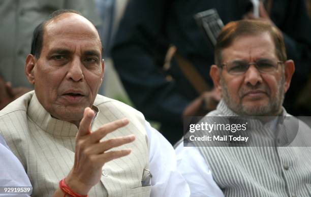 President Rajnath Singh and Janta Dal Chief Sharad Yadav addressing a press conference in New Delhi on Thursday, November 5, 2009.